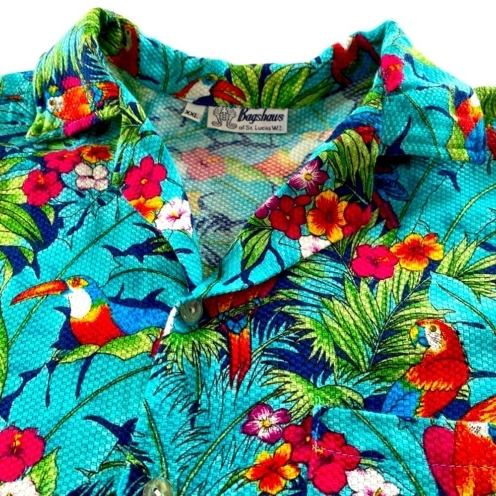 The Bagshaws of St. Lucia true vintage Hawaiian shirt with toucans and parrots.
